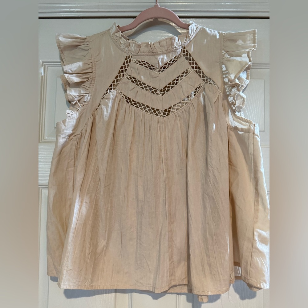 Umgee Cream 100% cotton Ruffle Sleeve Peasant Top Crochet Lace Bib Medium